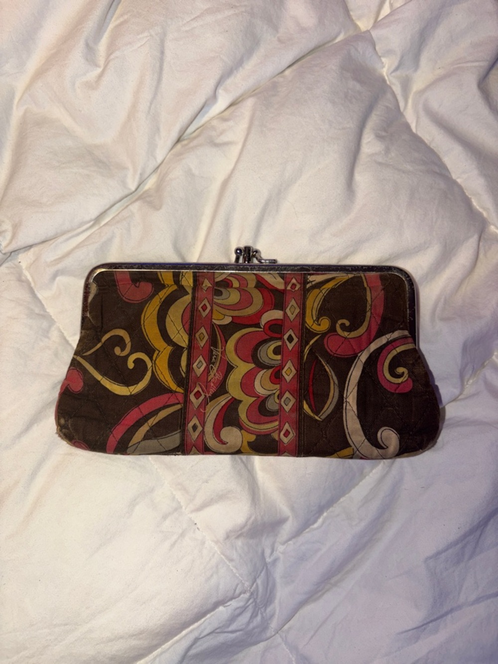 Vera Bradley Brown Pink Yellow Quilted Frame Clutch